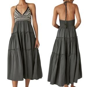 Lucky Brand Crochet Trim Maxi Dress Washed Black Women's M Boho Tiered Summer